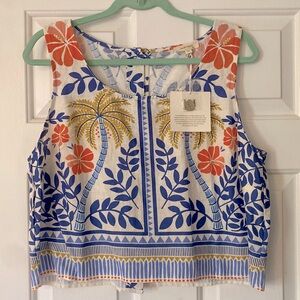 NWT Haute Hippie XL, cropped linen sleeveless top. White/multi